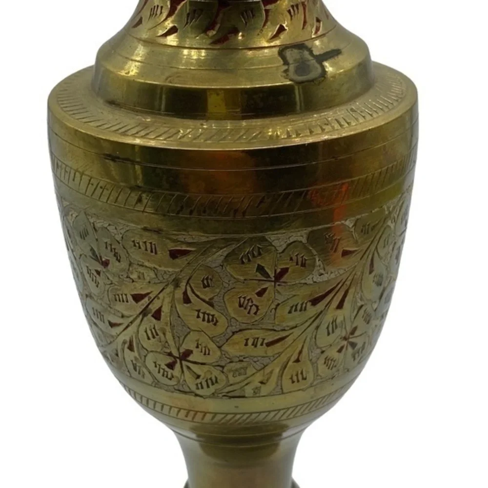 Brass Etched with White and Red Inlay Leaf Pattern Vase